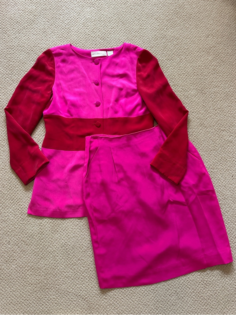 VINTAGE Dana Buchman 100% Silk Pink and Red Button Blouse and Skirt Size 14